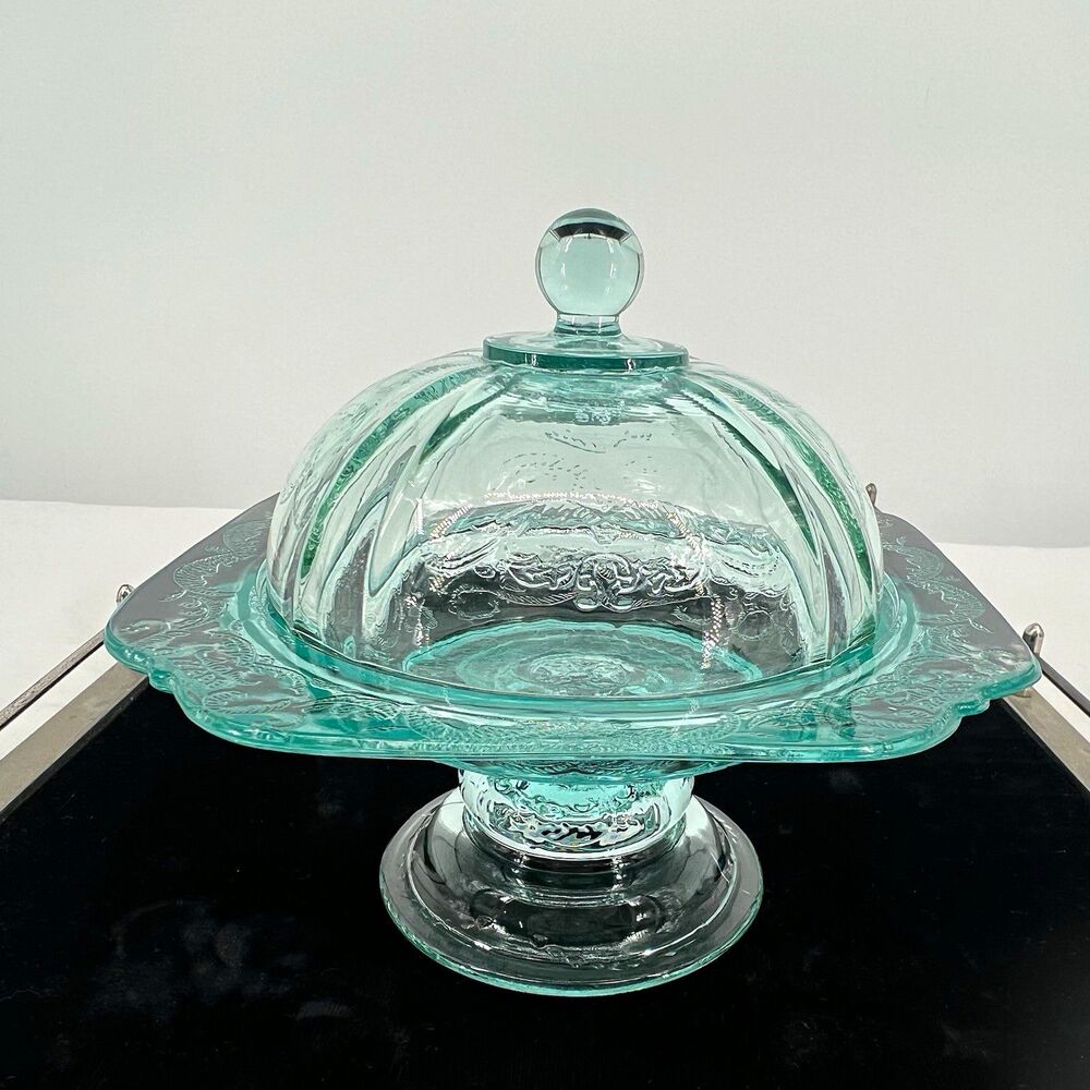 Vintage Indiana Glass Madrid Recollection Teal Green Pedestal Butter Dish